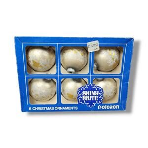 Vintage Shiny Brite Christmas Ornaments Gold White Glitter Poloron 6 Pieces Set